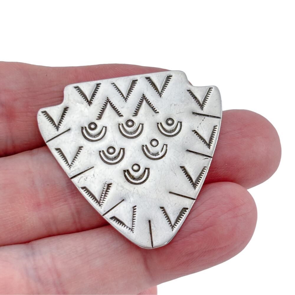Native American Sterling Silver Shield Brooch Geometric Chevron Crescent